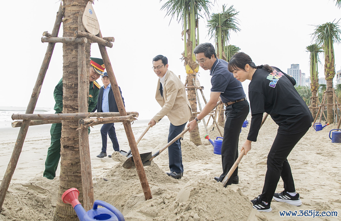 Ông Trần Chí Cường， Phó chủ tịch UBND TP Đà Nẵng (thứ hai từ phải sang) cùng lãnh đạo sở ngành ở Đà Nẵng trồng dừa tại lễ khởi động chiến dịch trồng hàng nghìn cây dừa ven biển. Ảnh: Huyền Trang